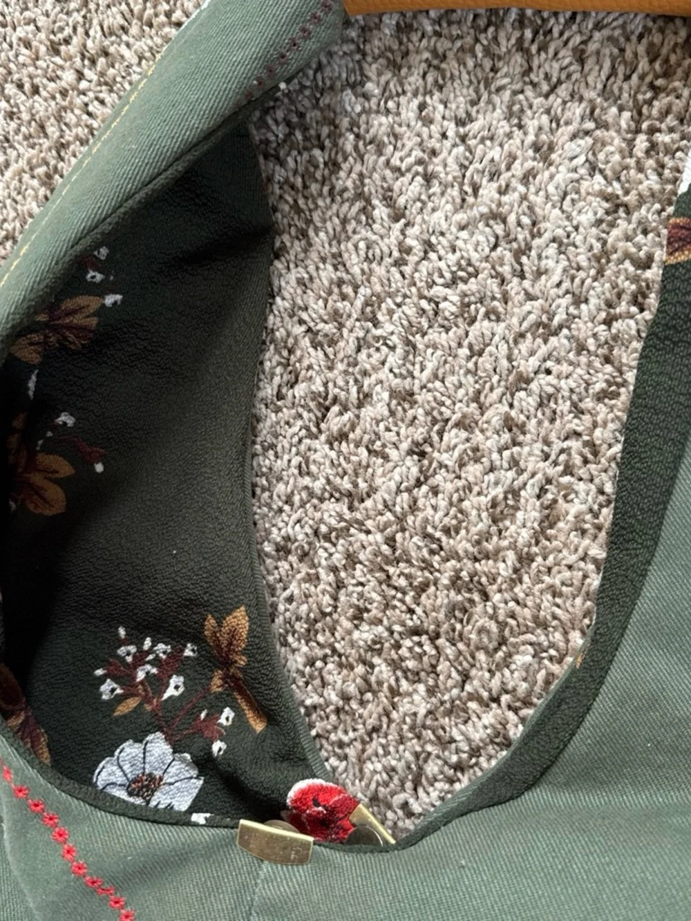 Olive Green Embroidered Shoulder Hobo Bag with Tan Leather Handle